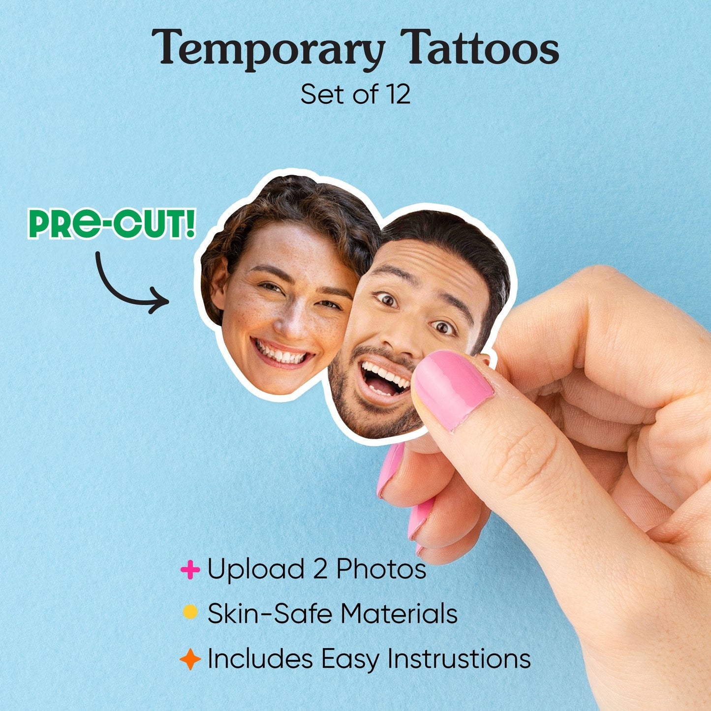 Custom Double Fun Face Temporary Tattoos - 12 Ct