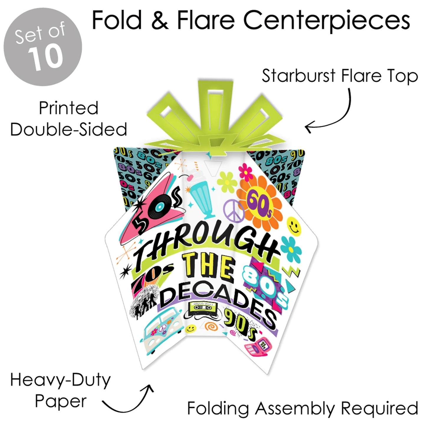 Through the Decades - Table Decorations - 50s, 60s, 70s, 80s, and 90s Party Fold and Flare Centerpieces - 10 Count