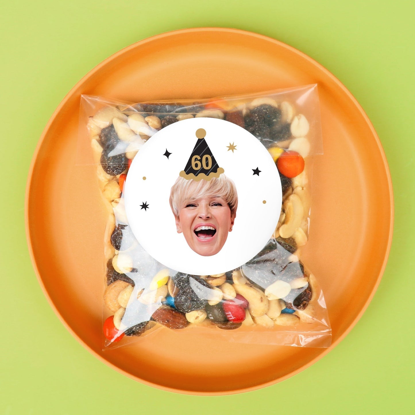 Custom Face Stickers & Clear Cookie Bags - Black & Gold Birthday