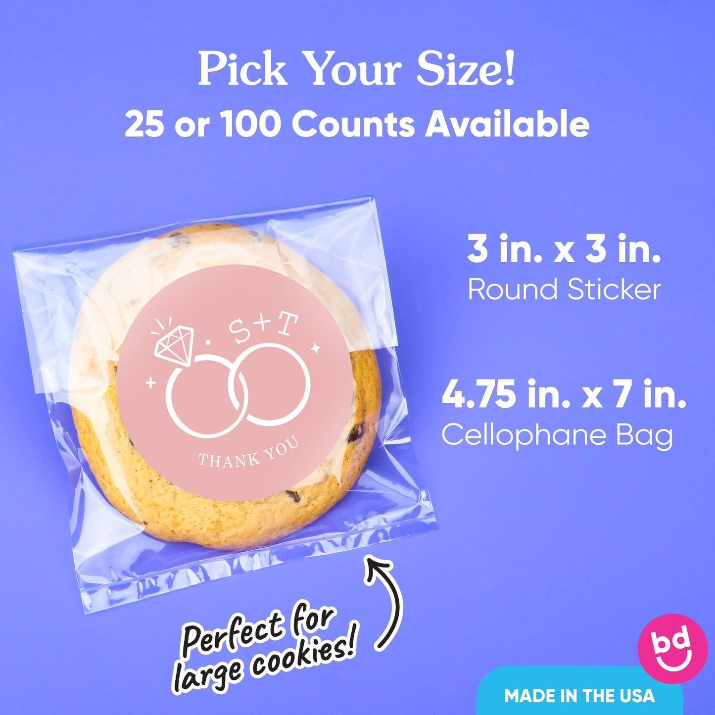 Custom Text Stickers & Clear Cookie Bags - Pink Wedding Rings