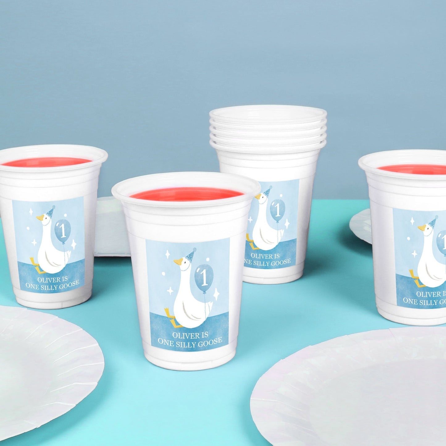Custom Text Party Cups - One Silly Goose Blue - 16 Ct