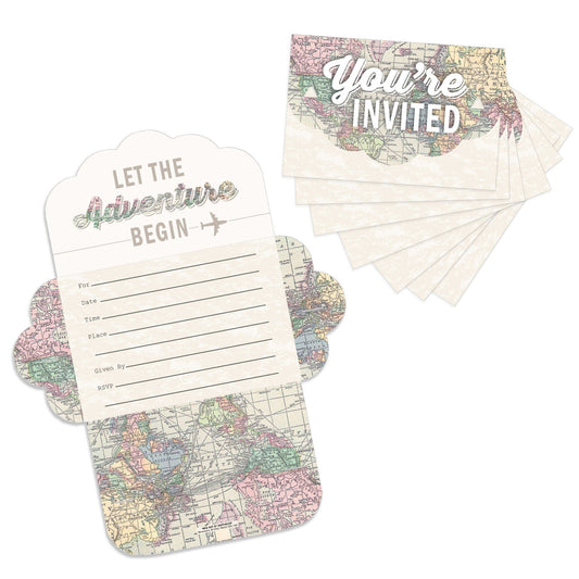 World Awaits - Fill-In Cards - Travel Themed Party Fold and Send Invitations - Set of 8