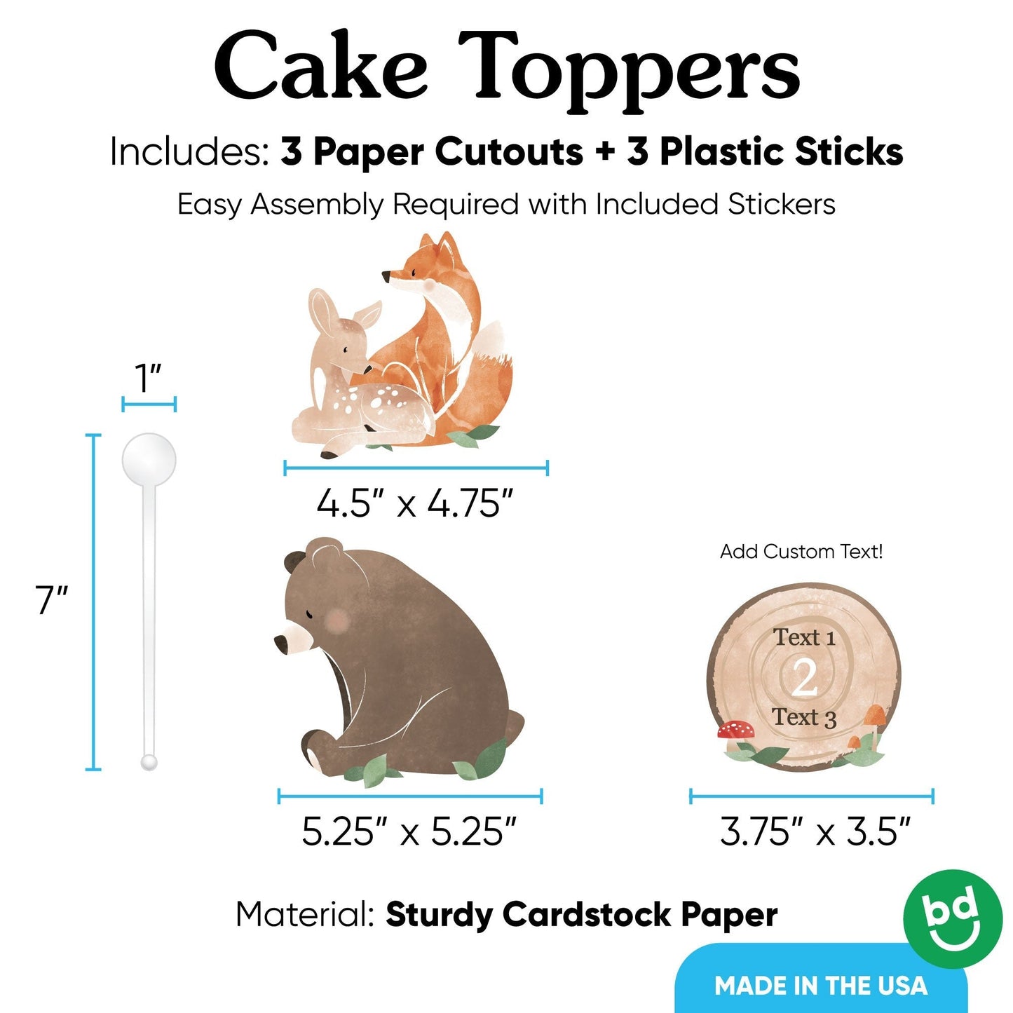 Custom Text Woodland Animals Cake Topper - 3 Pc