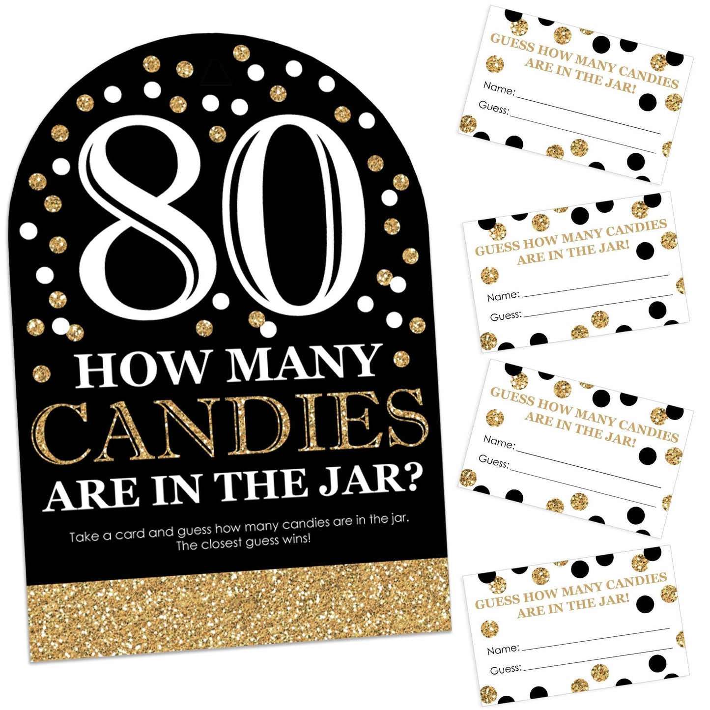 Adult 80th Birthday - Gold - How Many Candies Birthday Party Game - 1 Stand and 40 Cards - Candy Guessing Game