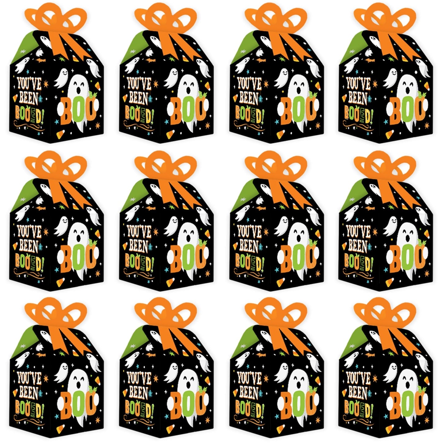 You've Been Booed - Square Favor Gift Boxes - Ghost Halloween Party Bow Boxes - Set of 12