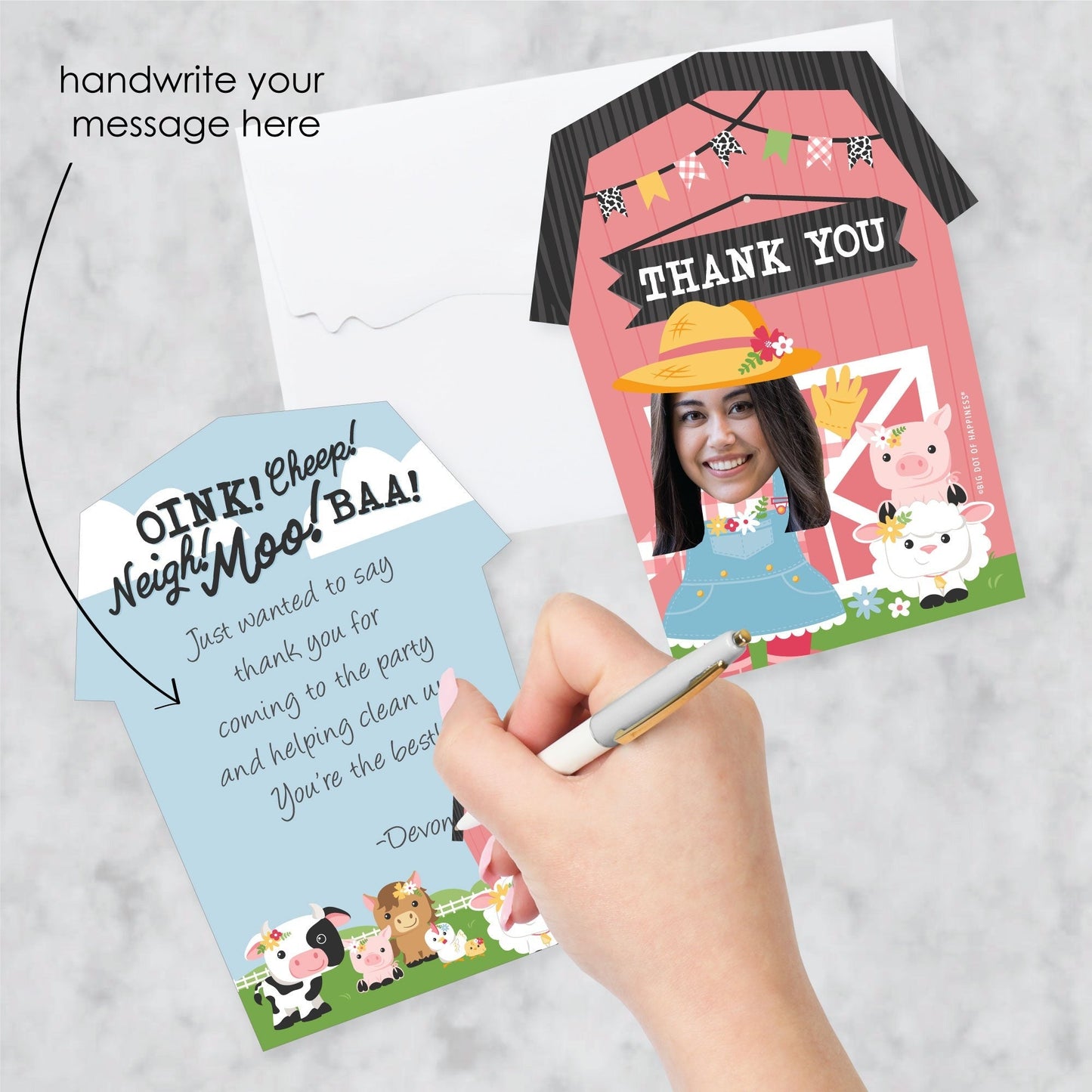 Custom Photo Girl Farm Animals - Pink Barnyard Birthday Party Fun Face Shaped Thank You Cards with Envelopes - Set of 12