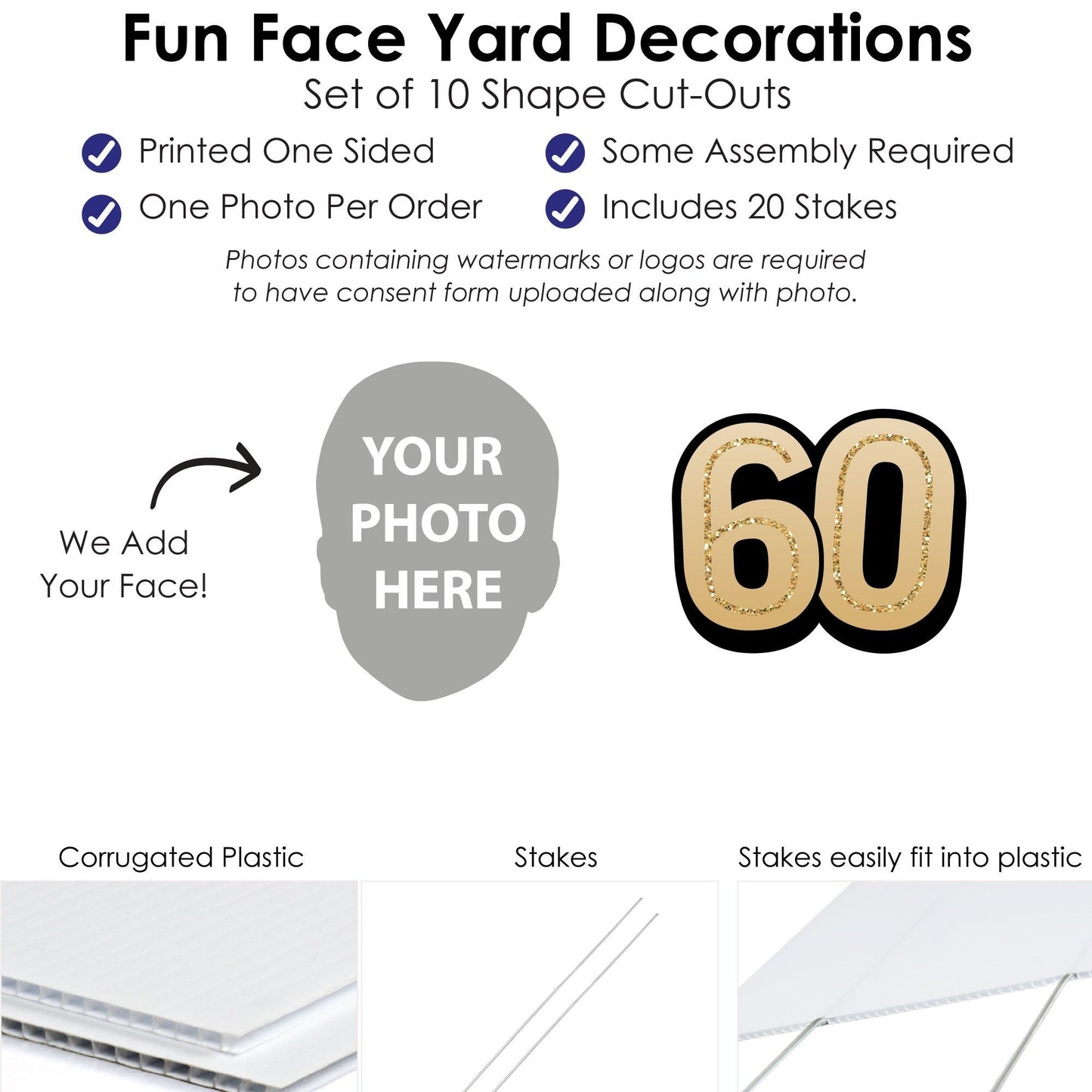 Custom Face Yard Signs - 60th Birthday - 10 Pc