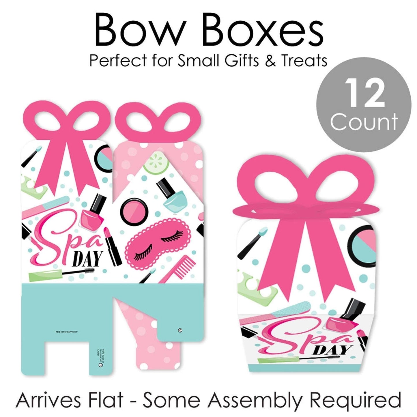 Spa Day - Square Favor Gift Boxes - Girls Makeup Party Bow Boxes - Set of 12