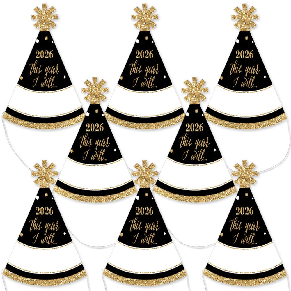 New Year's Eve - Gold - Mini Cone 2026 New Year's Eve Resolution Party Hats - Small Little Party Hats - Set of 8