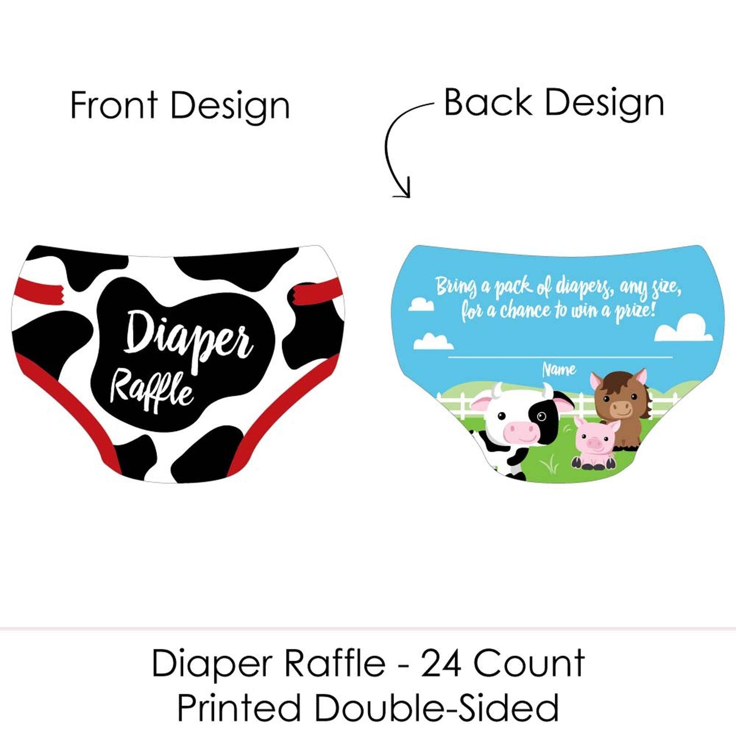 Farm Animals - Diaper Shaped Raffle Ticket Inserts - Barnyard Baby Shower Activities - Diaper Raffle Game - Set of 24