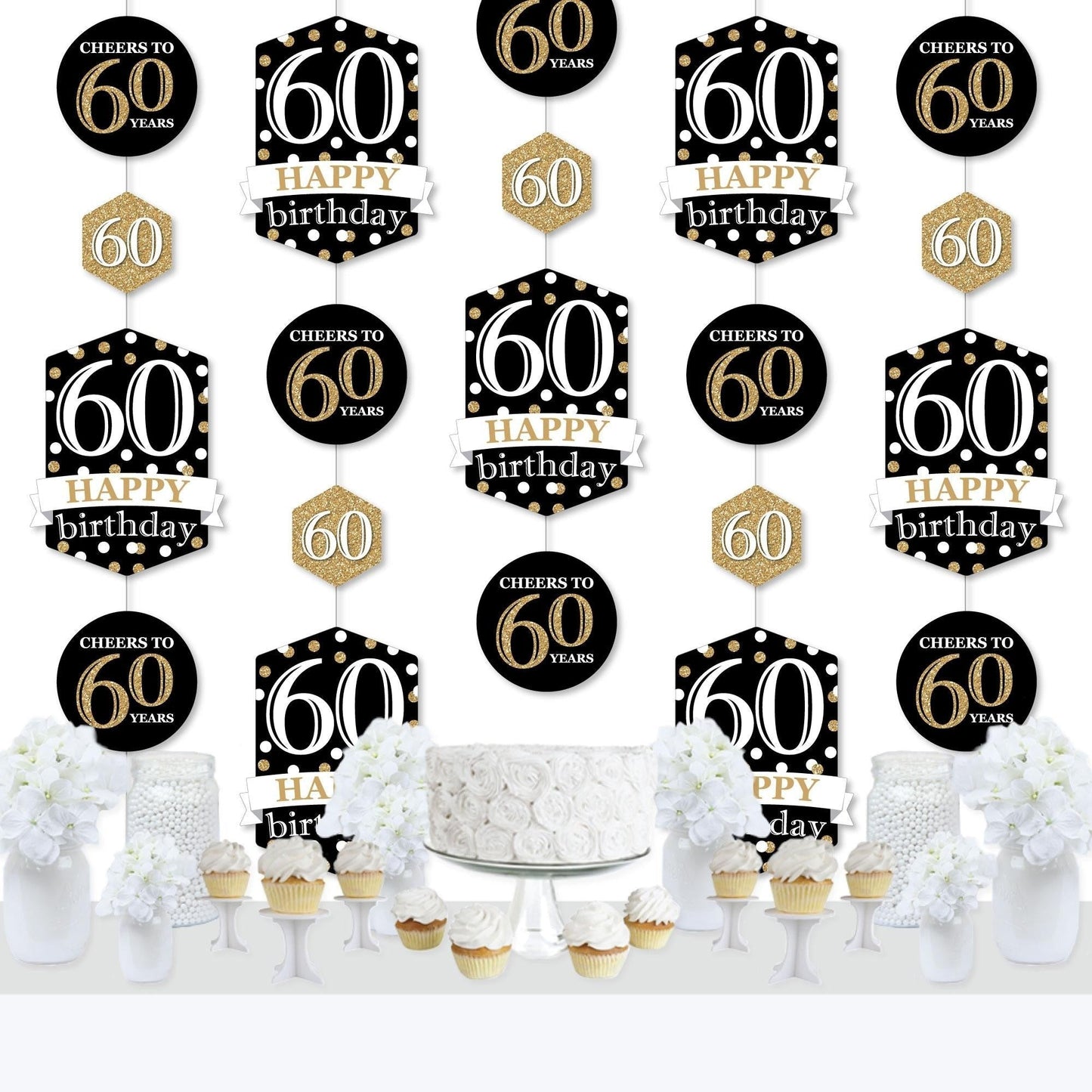 Adult 60th Birthday - Gold - Birthday Party DIY Dangler Backdrop - Hanging Vertical Decorations - 30 Pieces