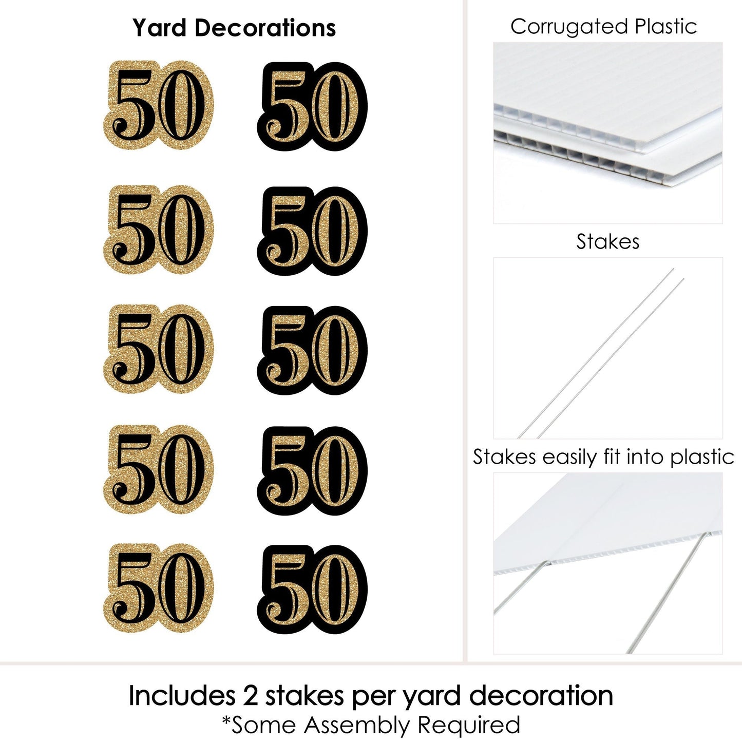 Adult 50th Birthday - Gold Lawn Decorations - Outdoor Birthday Party Yard Decorations - 10 Piece