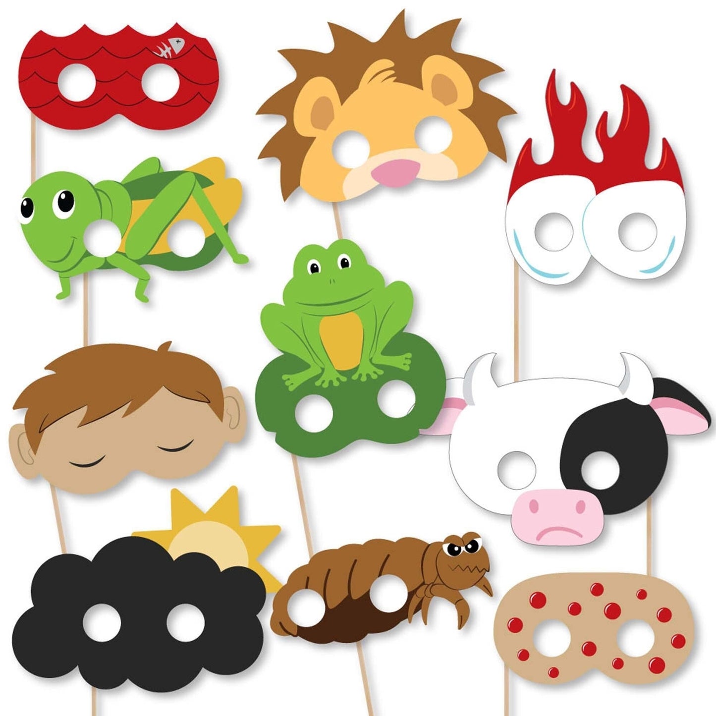 Happy Passover Plague Masks - Paper Card Stock Pesach Jewish Holiday Party Photo Booth Props Kit - 10 Count