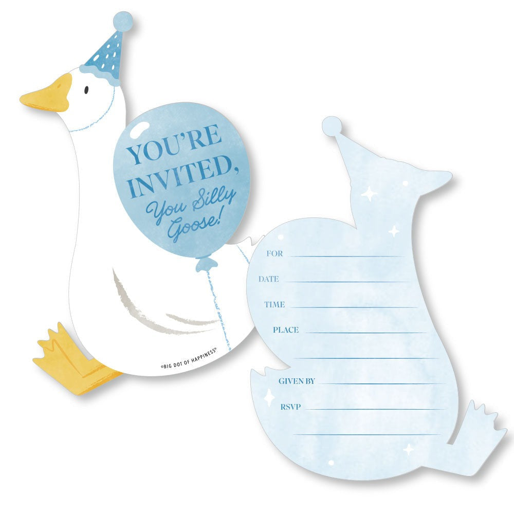 One Silly Goose Blue Shaped Fill-In Invitations - 12 Ct