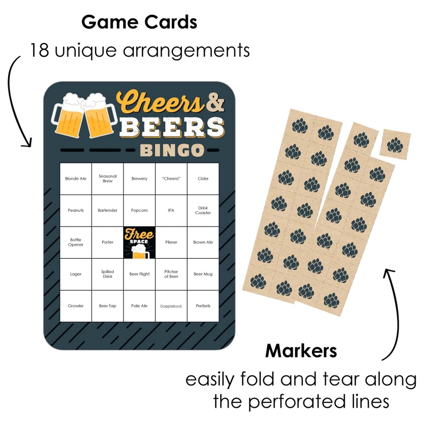 Cheers and Beers Happy Birthday - Beer Tasting Bingo Cards and Markers - Birthday Party Bingo Game - Set of 18
