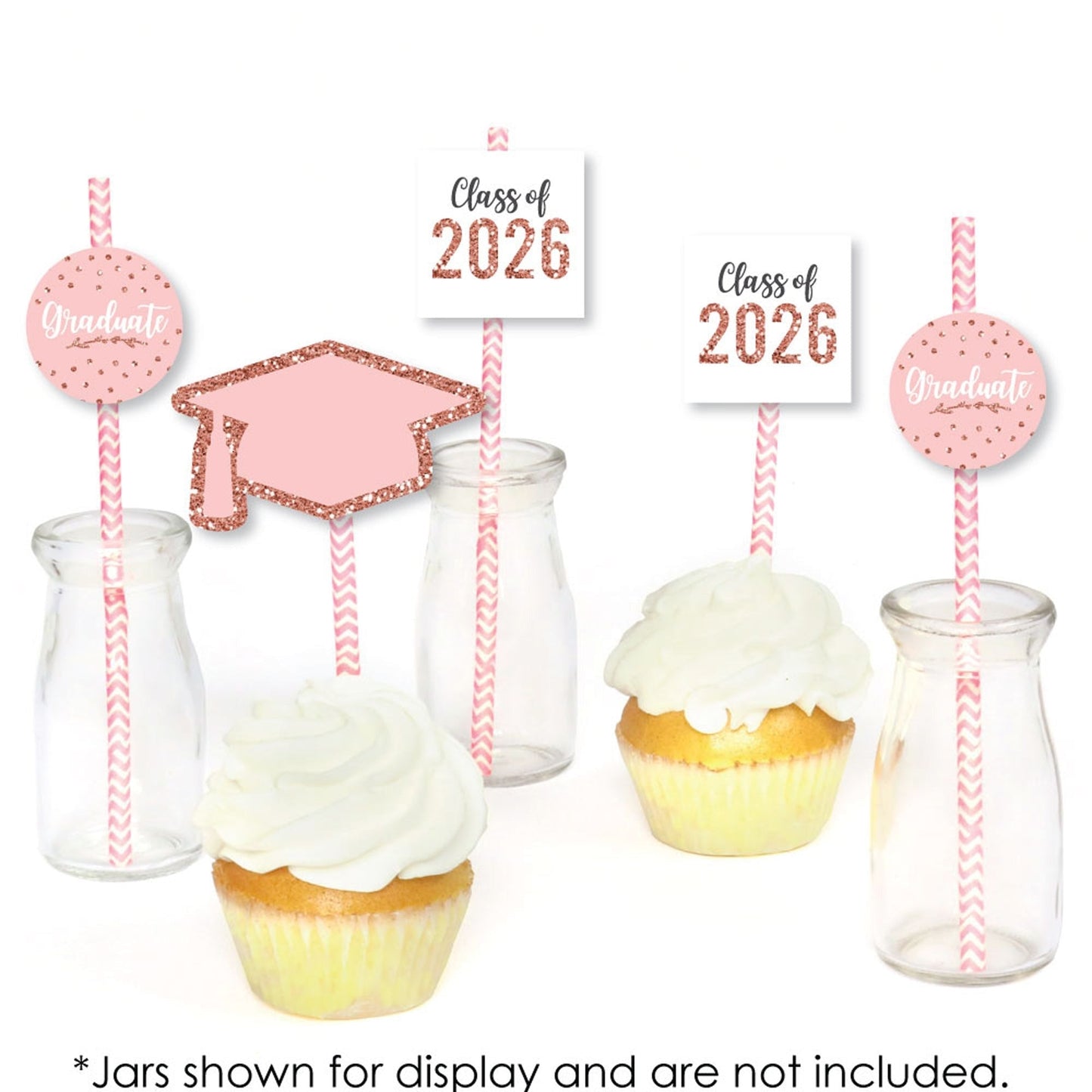 Rose Gold Grad - Paper Straw Decor - 2026 Graduation Party Striped Decorative Straws - Set of 24