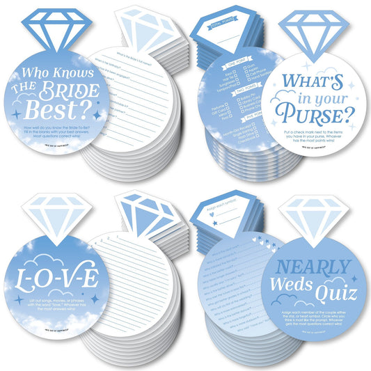 On Cloud 9 - 4 Bridal Shower Games - 10 Cards Each - Who Knows The Bride Best, Bride or Groom Quiz, Whats in Your Purse and Love - Gamerific Bundle