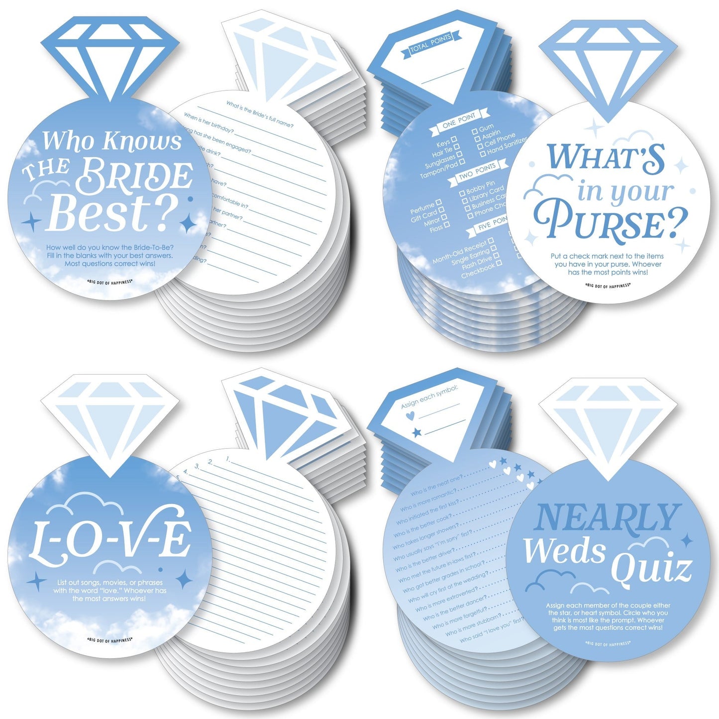 On Cloud 9 - 4 Bridal Shower Games - 10 Cards Each - Who Knows The Bride Best, Bride or Groom Quiz, Whats in Your Purse and Love - Gamerific Bundle