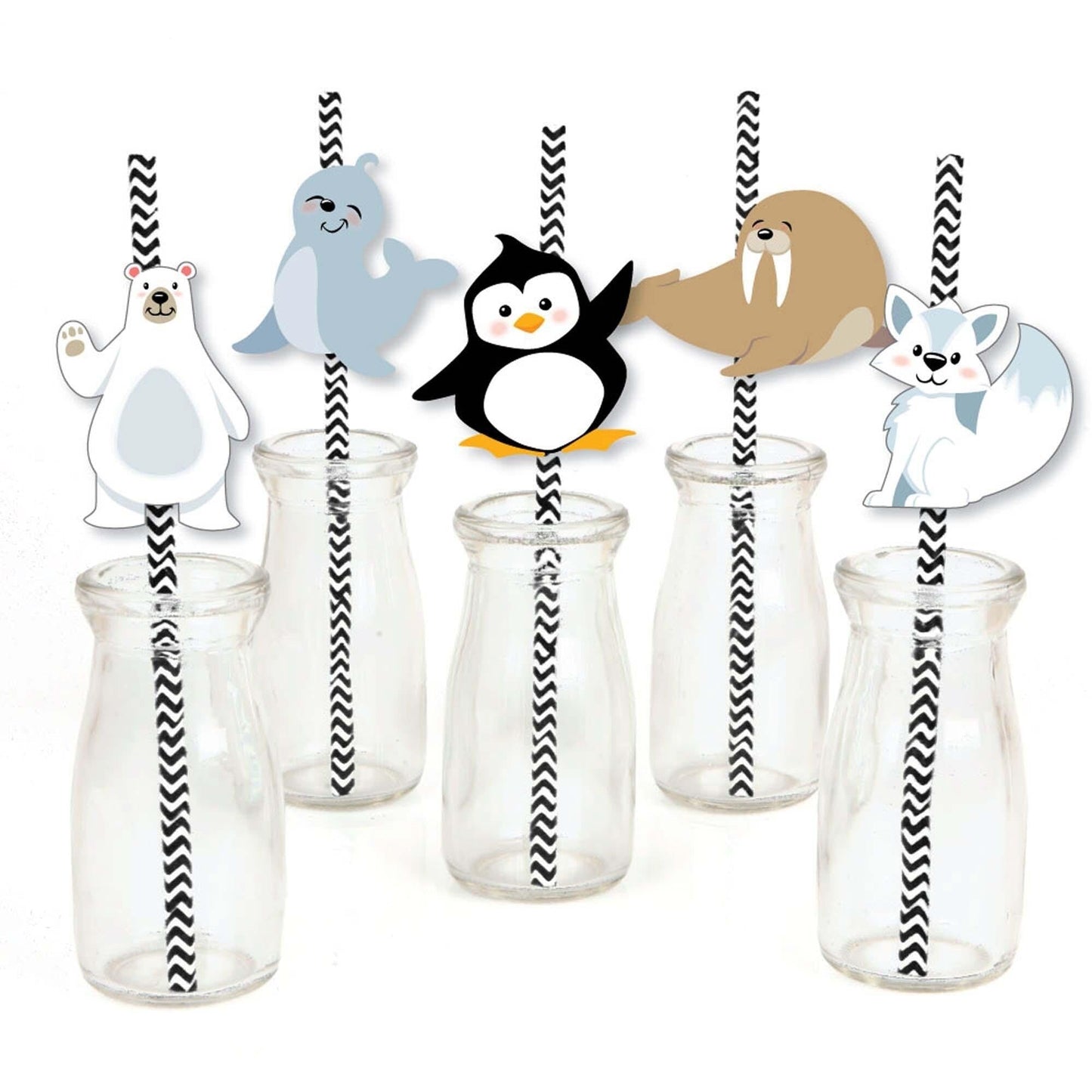 Arctic Polar Animals - Paper Straw Decor - Winter Baby Shower or Birthday Party Striped Decorative Straws - Set of 24