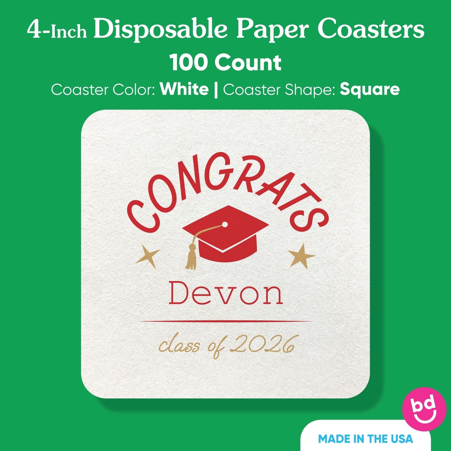 Custom Text Coasters - Red Graduation - 100 Ct