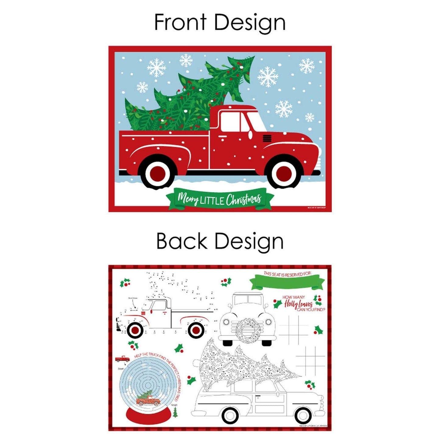Merry Little Christmas Tree - Paper Red Truck and Car Christmas Party Coloring Sheets - Activity Placemats - Set of 16