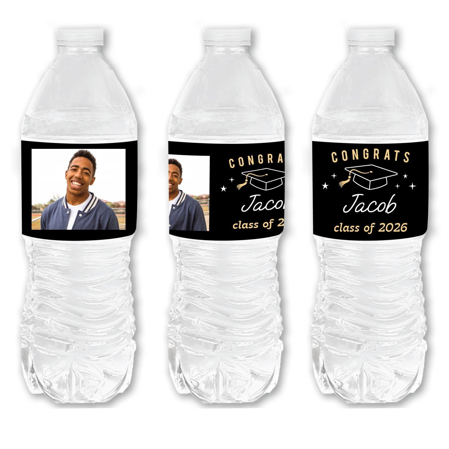 Custom Photo Black & Gold Graduation Water Bottle Labels