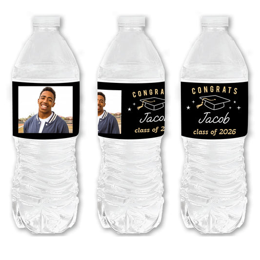 Custom Photo Black & Gold Graduation Water Bottle Labels