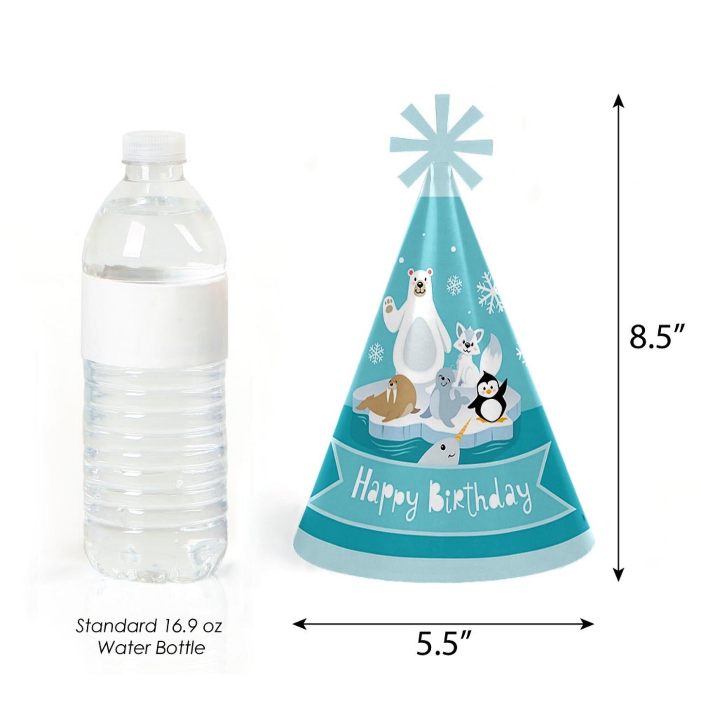 Arctic Polar Animals - Cone Happy Birthday Party Hats for Kids and Adults - Set of 8 (Standard Size)