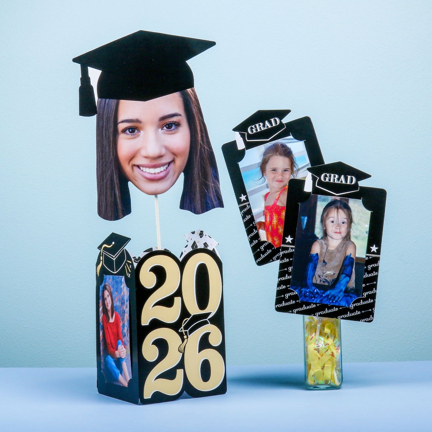 Grad Cap Fun Face Cutout Centerpiece Sticks - Custom Graduation Photo Head Cut Out Table Toppers - Upload 1 Photo - Set of 15