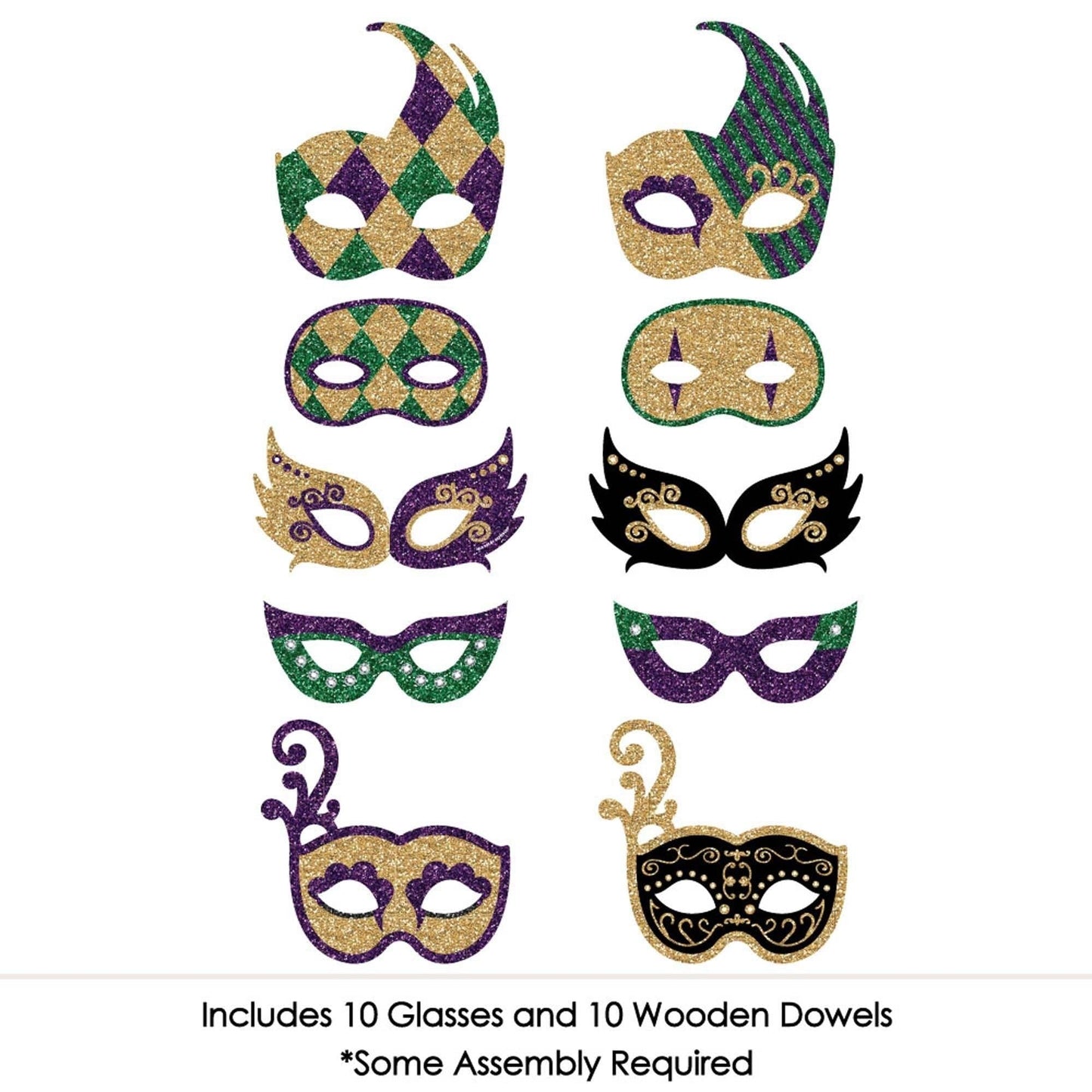 Mardi Gras Masks - 10 Piece Paper Card Stock Mardi Gras Glasses and Masks Photo Booth Props Kit