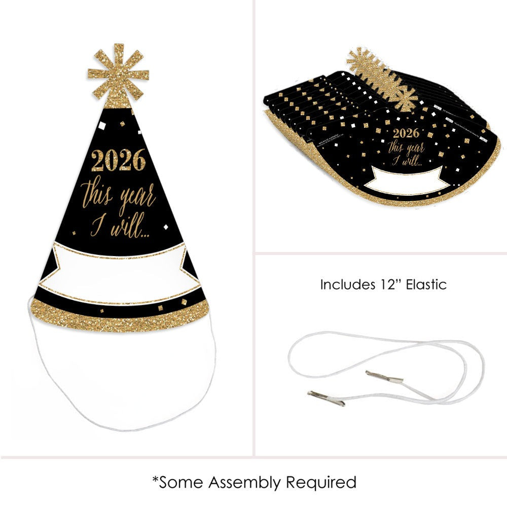 New Year's Eve - Gold - 2026 New Year's Eve Resolution Cone Party Hats for Adults - Set of 8 (Standard Size)