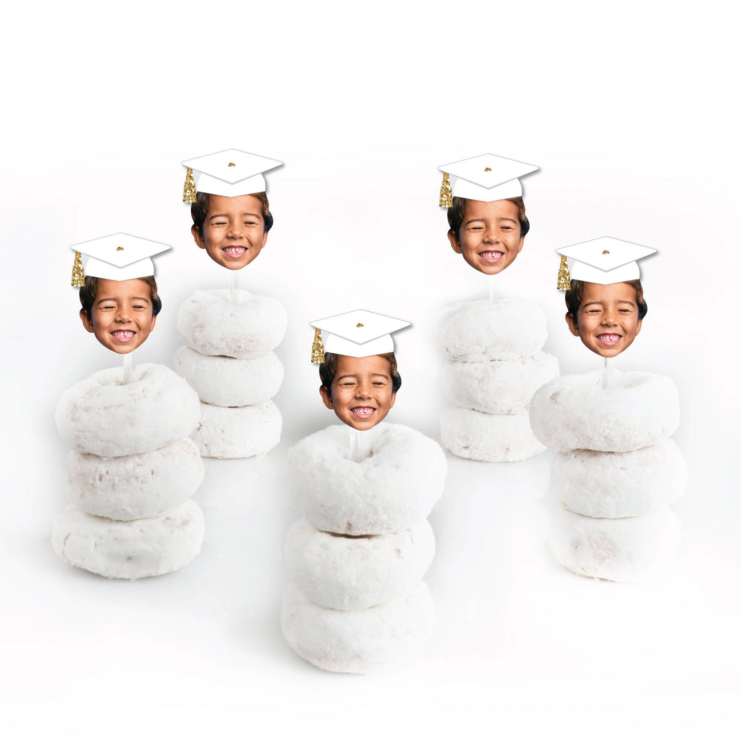 Custom Fun Face White & Gold Grad Cap Treat Picks - 24 Ct