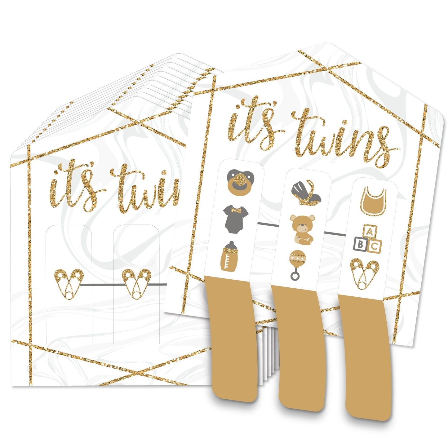 It's Twins - Gold Twins Baby Shower Game Pickle Cards - Pull Tabs 3-in-a-Row - Set of 12