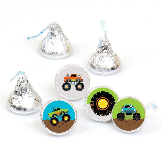 Smash and Crash - Monster Truck - Boy Birthday Party Round Candy Sticker Favors - Labels Fit Hershey's Kisses (1 sheet of 108)