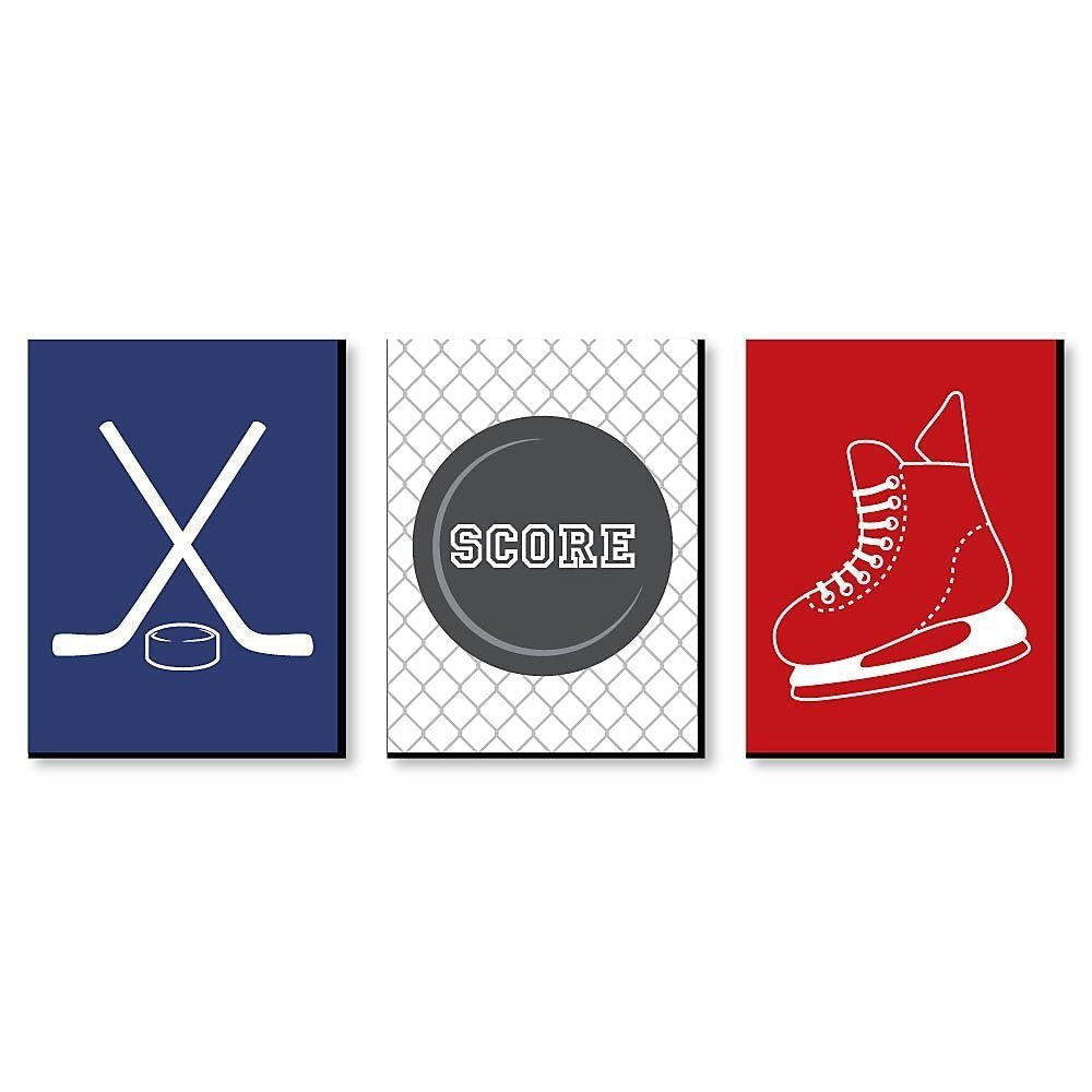 Shoots and Scores! - Hockey - Sports Themed Nursery Wall Art, Kids Room Decor and Game Room Home Decorations - 7.5 x 10 inches - Set of 3 Prints
