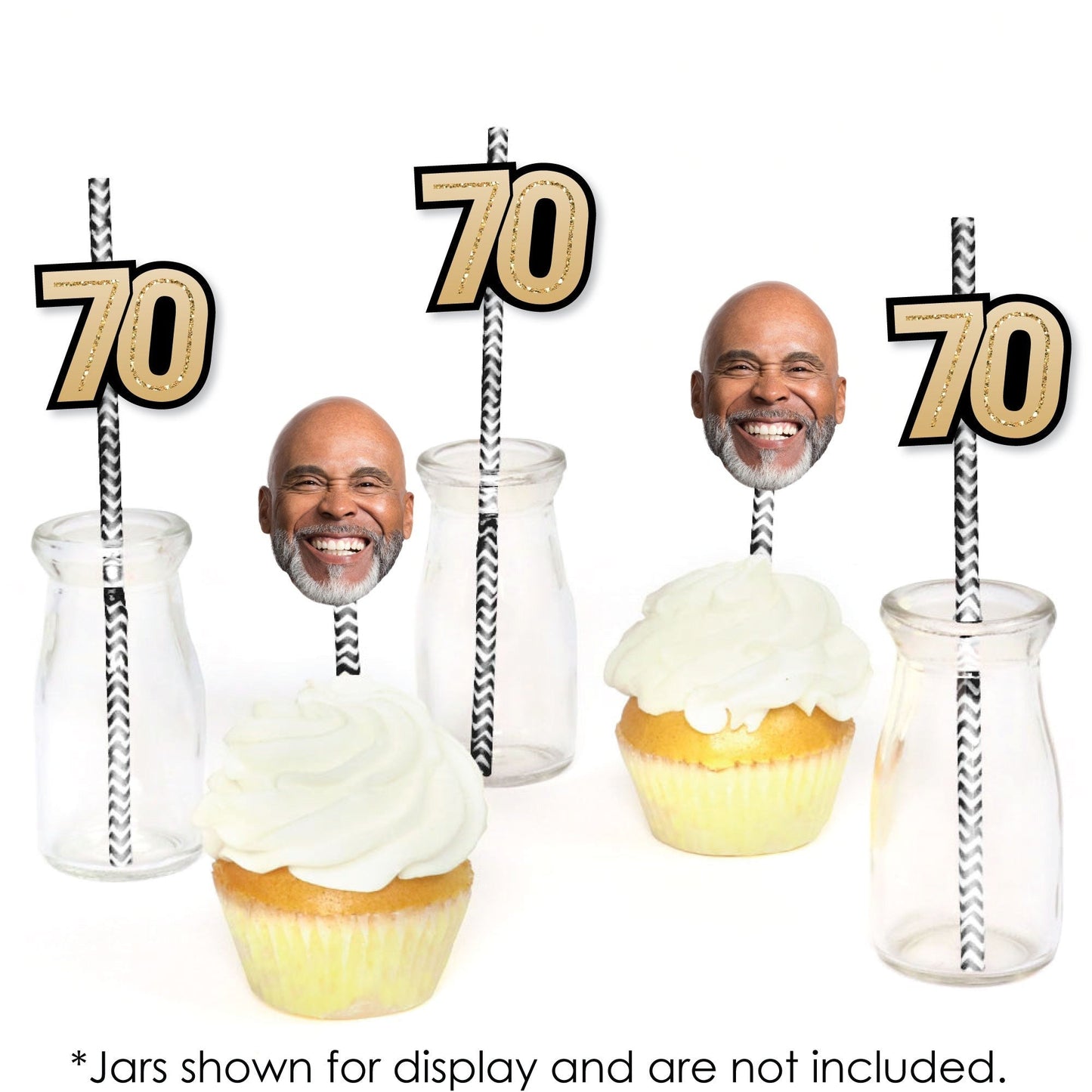 Custom 70th Birthday Face Cutout Straw Decor - 24 Ct