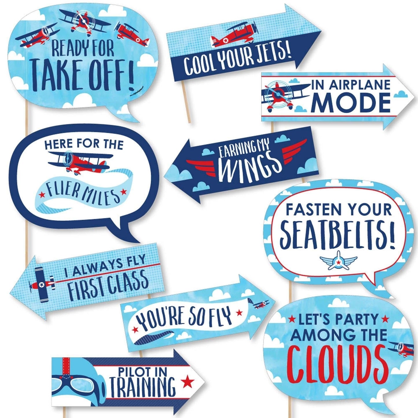 Funny Taking Flight - Airplane - 10 Piece Vintage Plane Baby Shower or Birthday Party Photo Booth Props Kit