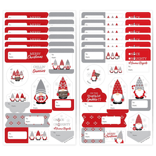 Christmas Gnomes - Assorted Holiday Party Gift Tag Labels - To and From Stickers - 12 Sheets - 120 Stickers