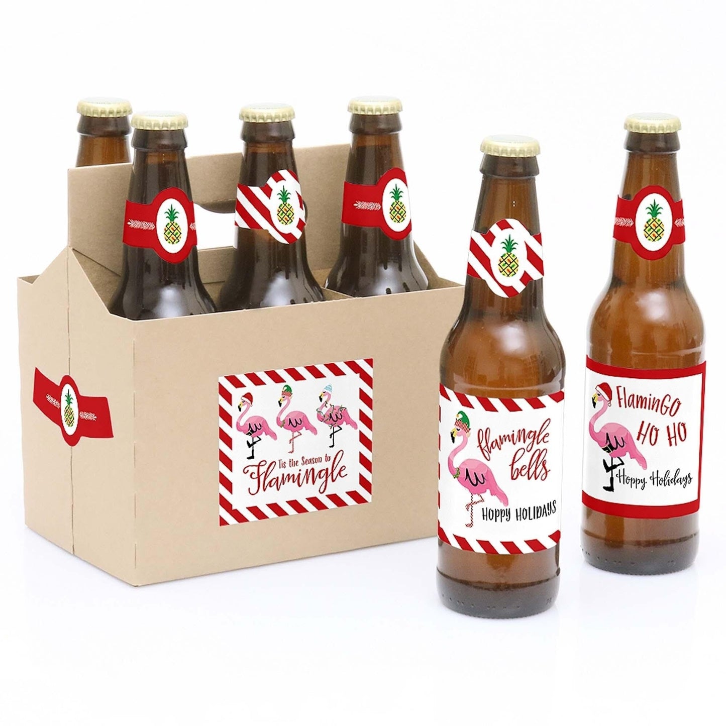 Flamingle Bells - Decorations for Women and Men - 6 Tropical Flamingo Christmas Beer Bottle Label Stickers and 1 Carrier