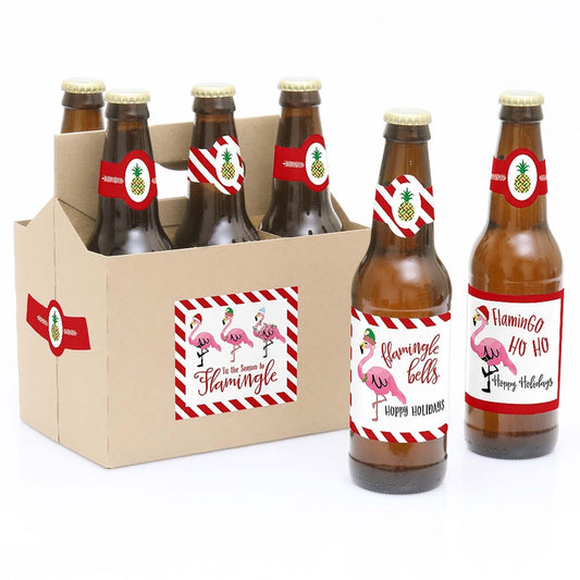 Flamingle Bells - Decorations for Women and Men - 6 Tropical Flamingo Christmas Beer Bottle Label Stickers and 1 Carrier