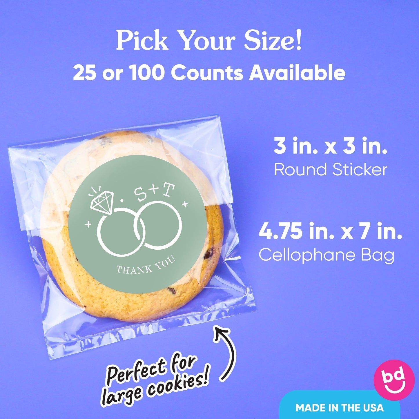 Custom Text Stickers & Clear Cookie Bags - Sage Green Wedding Rings