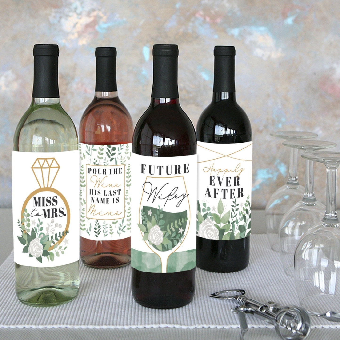 Boho Botanical Bride - Greenery Bridal Shower and Wedding Party Decorations for Women and Men - Wine Bottle Label Stickers - Set of 4