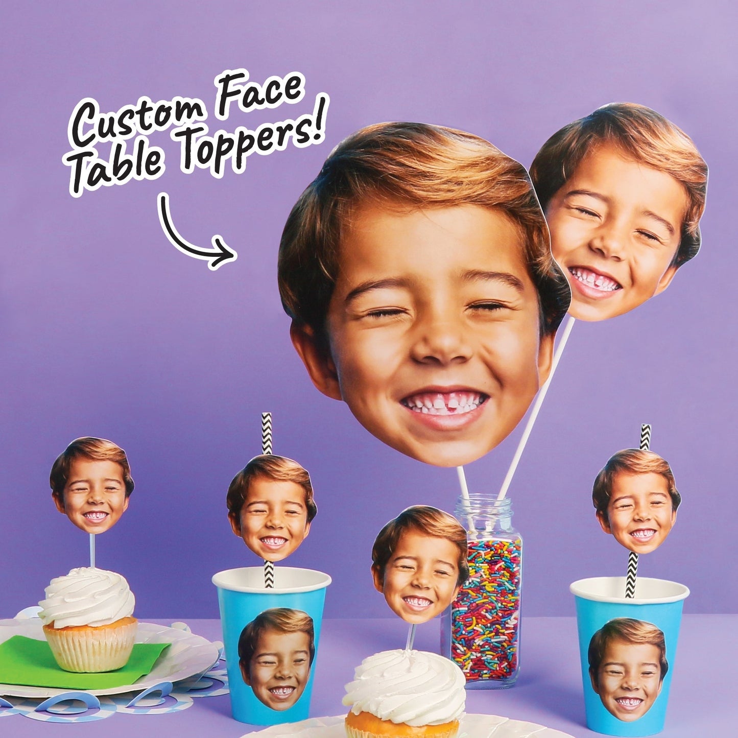 Fun Face Cutout Centerpiece Sticks - Custom Photo Head Cut Out Table Toppers - Upload 1 Photo - Set of 15
