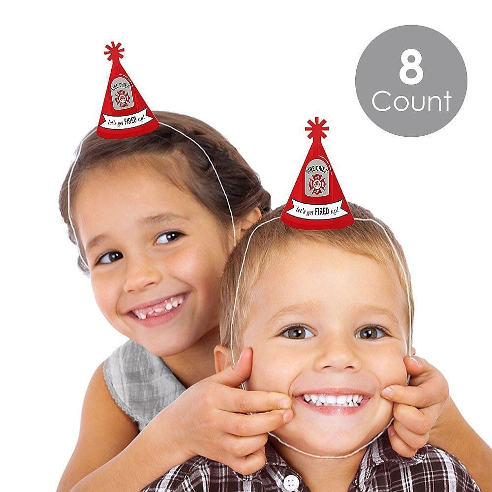Fired Up Fire Truck - Mini Cone Firefighter Firetruck Baby Shower or Birthday Party Hats - Small Little Party Hats - Set of 8