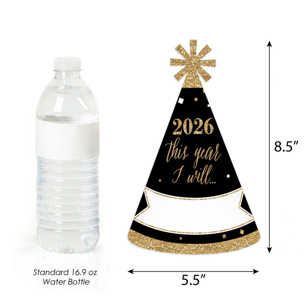 New Year's Eve - Gold - 2026 New Year's Eve Resolution Cone Party Hats for Adults - Set of 8 (Standard Size)