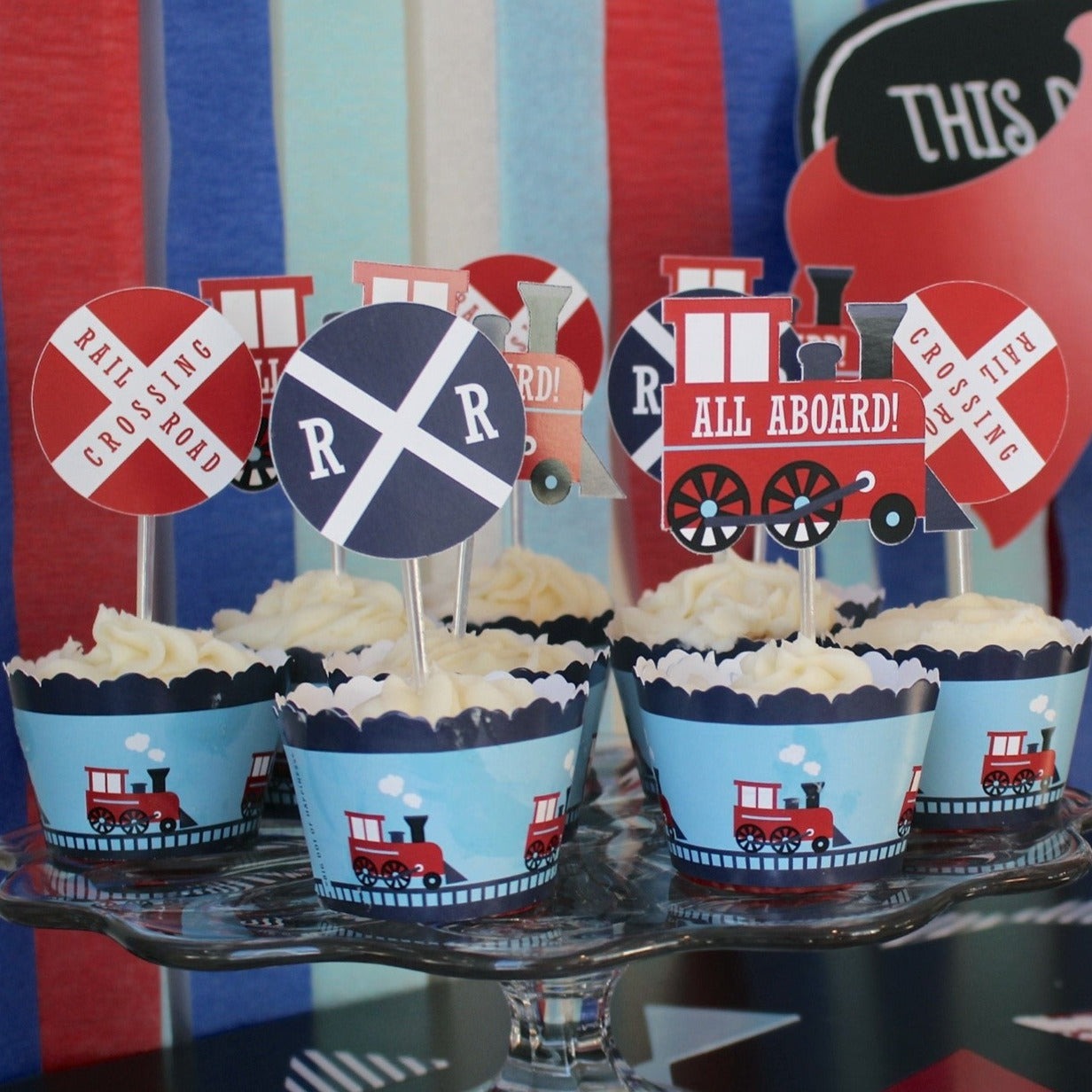 Railroad Party Crossing - Steam Train Birthday Party or Baby Shower Decorations - Party Cupcake Wrappers - Set of 12
