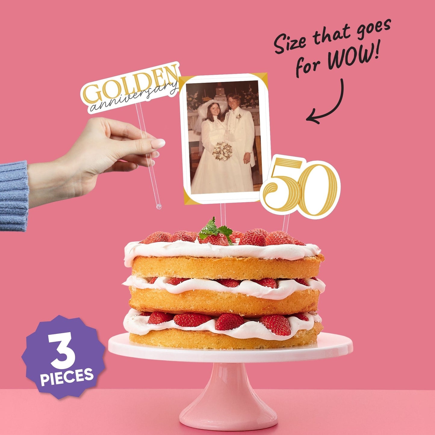 Custom Photo 50th Wedding Anniversary Cake Topper - 3 Pc