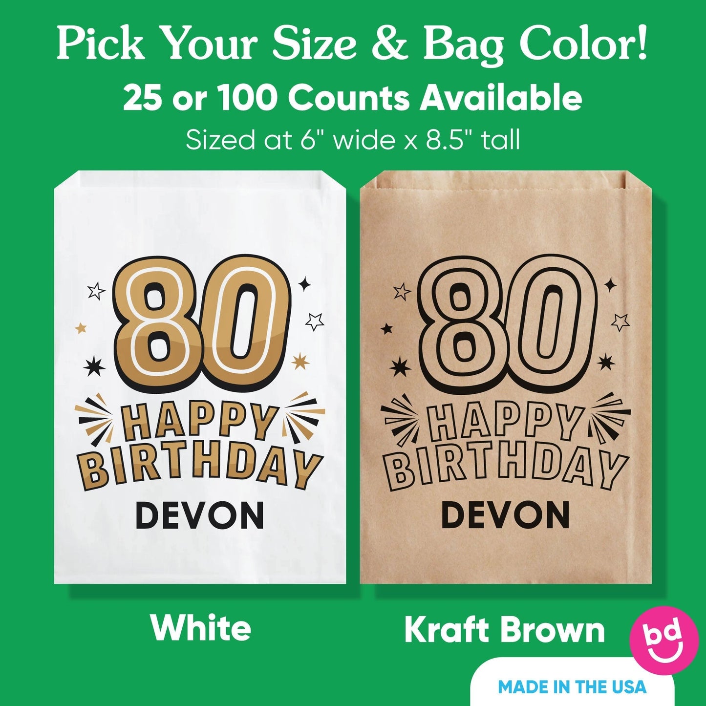 Custom Text Paper Treat Bags - 80th Birthday