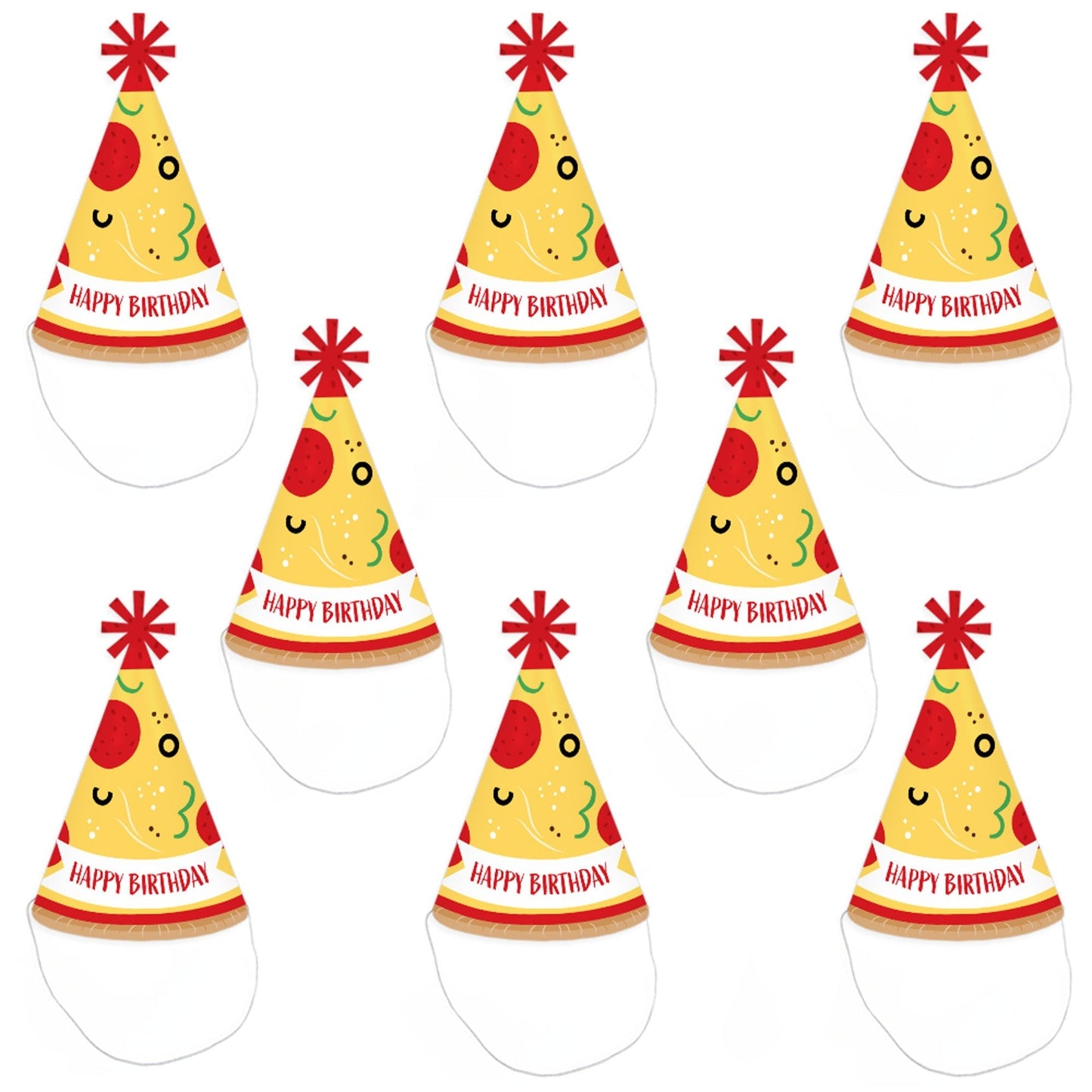 Pizza Party Time - Cone Happy Birthday Party Hats for Kids and Adults - Set of 8 (Standard Size)