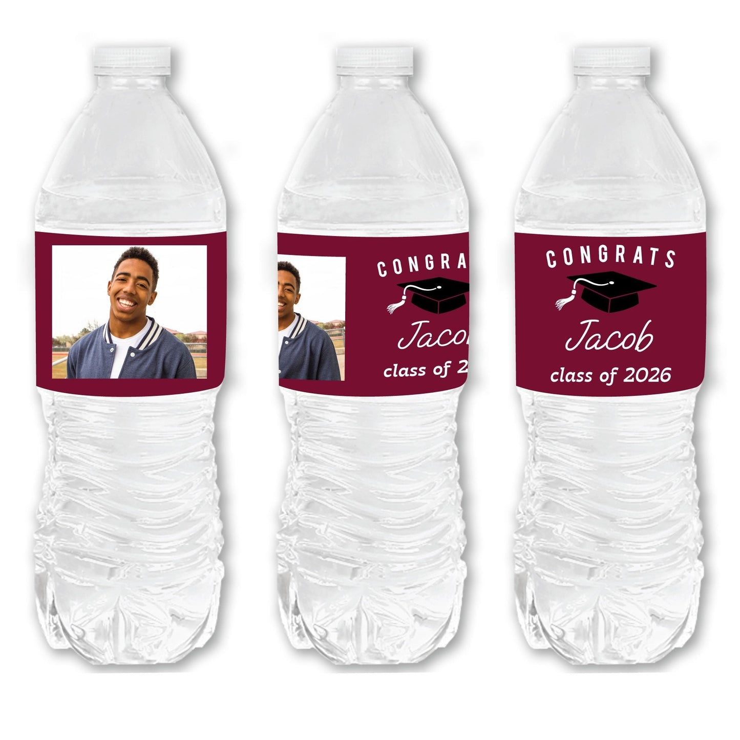 Custom Photo Maroon Graduation Water Bottle Labels